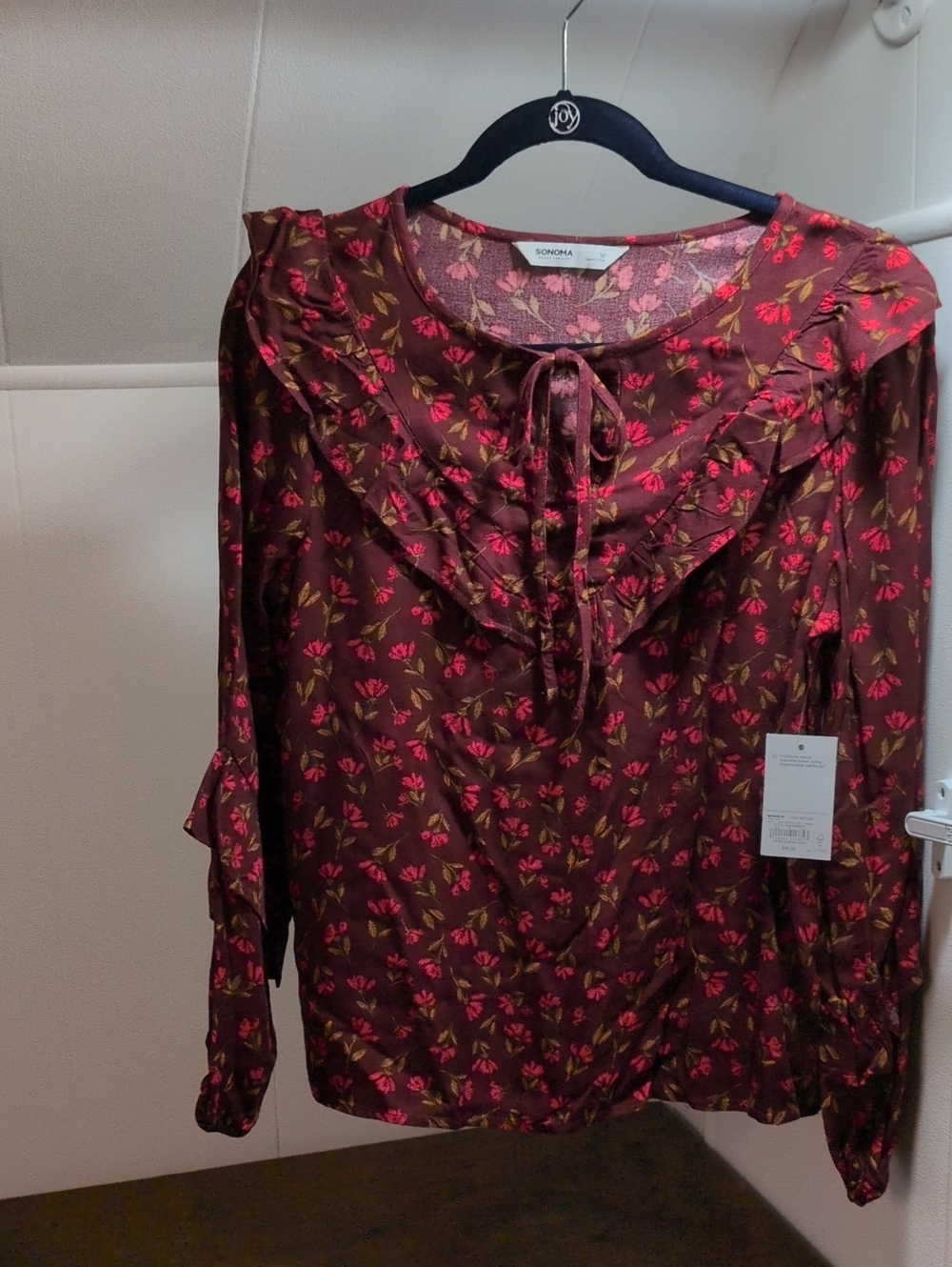 Sonoma Maroon Floral Ruffle Tie-Neck Blouse